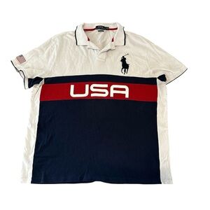 POLO Ralph Lauren Big Pony USA American Flag Collar Shirt Red White Blue Men 2XL